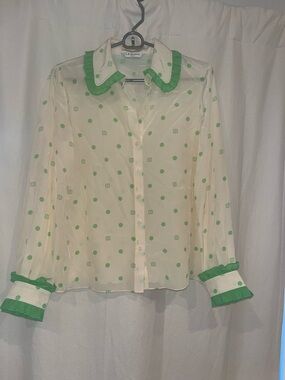 LK Bennett Cream Blouse with Green Polka Dots and Ruffle Trim